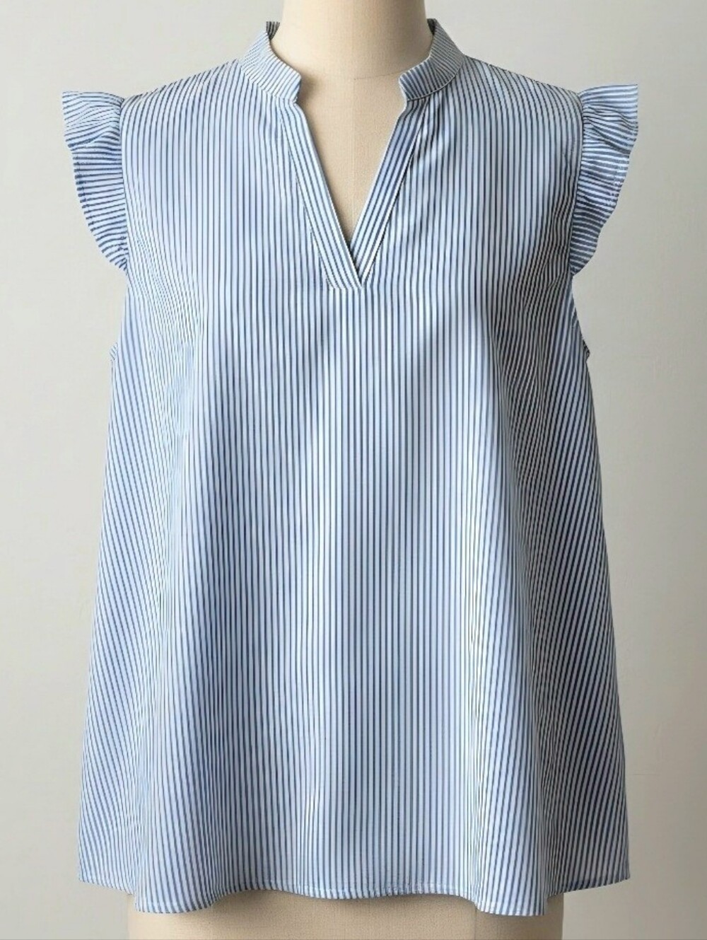 Blue and White Striped Ruffle Sleeve V-Neck Top